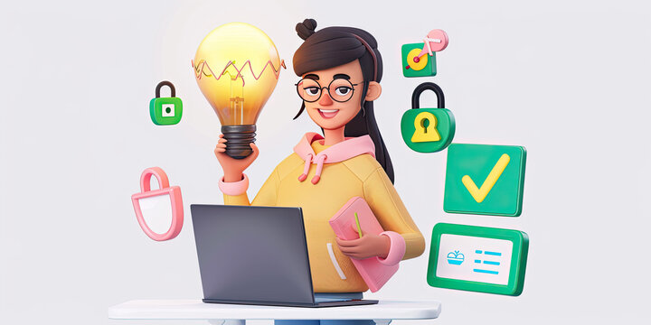 3D cartoon happy woman using laptop computer with app developer project team, engineer for website coding. Software programming