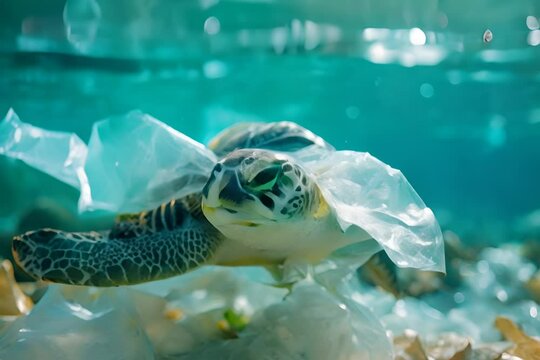 Turtle in water among trash