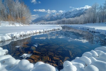 Obraz premium Crystal clear river with a perfect reflection cutting through a snow-covered landscape with mountains in the backdrop