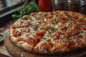 Image focuses on a Margherita pizza, beautifully adorned with fresh basil, mozzarella, and tomatoes on a crispy crust