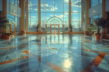 A spacious hall with high ceilings, grand windows, and shiny marble floors illuminated by the morning sun