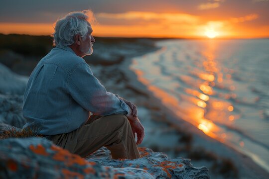 An elderly man sitting alone on a rocky shore, gazing at a stunning ocean sunset reflecting on life - Powered by Adobe