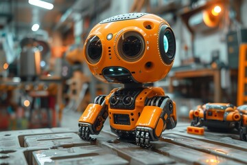 This vibrant colored robot poses amidst an industrial backdrop, emphasizing advancements in automation