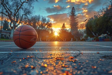 A basketball on an urban court glows under the warm lights of a picturesque sunset, evoking a city game's end