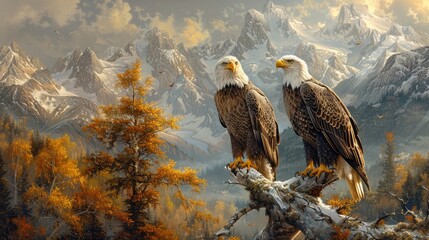 Two bald eagles perched on branch in natural landscape