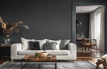 Black Wall Mockup Enhancing Modern Dark Living Room Interior. Presented in 3D Render. Made with Generative AI Technology