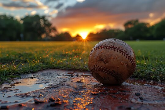 An old baseball rests on the wet ground with a stunning sunset and dramatic clouds in the background, evoking a nostalgic end of the day
