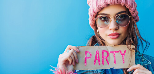 Influencer in pink beanie and sunglasses announces a vibrant party with a 'PARTY' banner, against a blue background. - obrazy, fototapety, plakaty