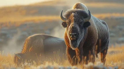 Fototapeten Bull bison in grassy ecoregion, with horns, on natural landscape © yuchen