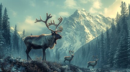 A deer with antlers stands on a snowy mountaintop under the sky - obrazy, fototapety, plakaty