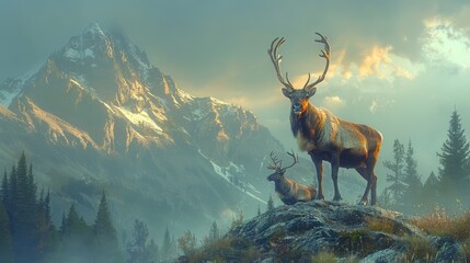 two deer are standing on top of a rock in front of a mountain