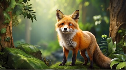 A fox in jungle forest background from Generative AI