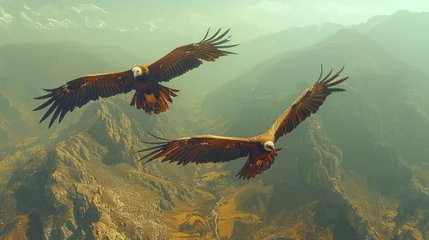 Foto op Canvas Two bald eagles soar above the rugged mountain range © yuchen