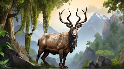 A Markhor in jungle forest background from Generative AI