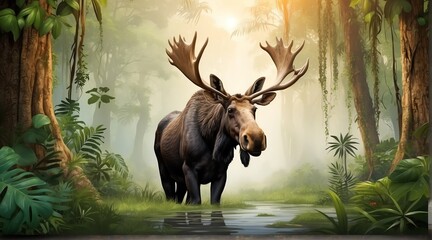 A Moose in jungle forest background from Generative AI