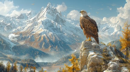 Accipitridae eagle with powerful beak perched on rock amidst mountain landscape