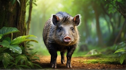 A peccary in jungle forest background from Generative AI - obrazy, fototapety, plakaty