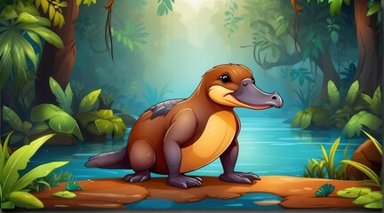 A platypus in jungle forest background from Generative AI