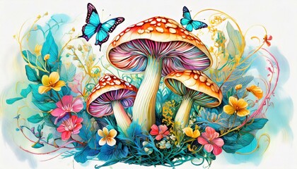 A vivid and ornate illustration depicting mushrooms intertwined with flowers and fluttering