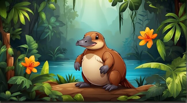 A platypus in jungle forest background from Generative AI