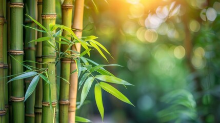 Lush bamboo forest and meadow with soft natural light, foliage of green leaves on trees