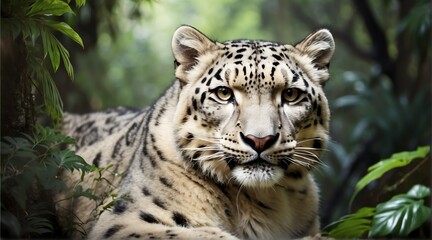 A Snow leopard in jungle forest background from Generative AI