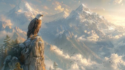 A Falconiformes resting on a rock amidst mountainous landforms - obrazy, fototapety, plakaty
