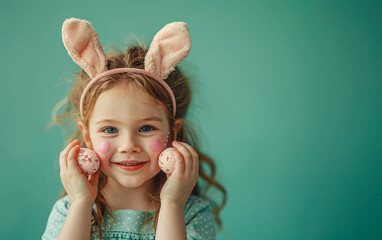 Joyful girl with bunny ears uses Easter eggs as eye covers, against a green backdrop.