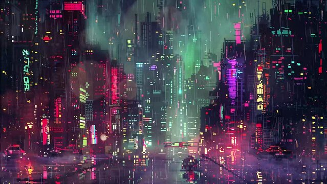pixel art cyberpunk metropolis background . futuristic cyberpunk illustration. seamless looping overlay 4k virtual video animation background