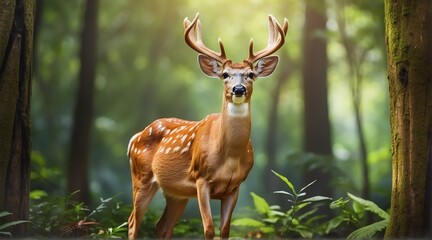 A White tailed deer in jungle forest background from Generative AI - obrazy, fototapety, plakaty