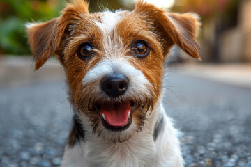 The photo captures the charming expression of a small, happy dog looking at the camera
