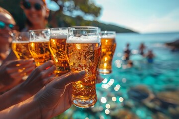 A group of friends clinking beer glasses together, enjoying a sunny beach day, with sparkling water in the background - Powered by Adobe