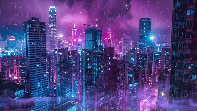 view on a city at night with cyberpunk style. seamless looping overlay 4k virtual video animation background