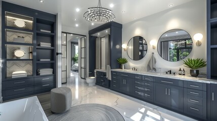 Luxury home: Light-flooded bathroom with spacious dark blue vanity, two sinks, bathtub, circular mirrors, stylish closet.