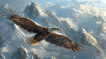 Accipitridae Bird of prey soaring over snowy mountain range