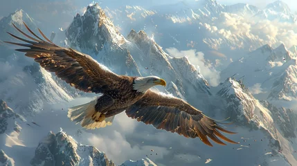 Foto op Canvas Accipitridae Bird of prey soaring over snowy mountain range © yuchen