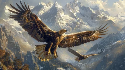 Fotobehang Two Accipitridae birds soar above the mountain range © yuchen