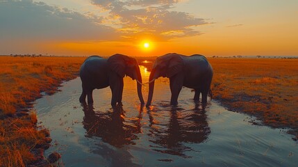 Three elephants enjoying a puddle of water at sunset in a grassland - obrazy, fototapety, plakaty