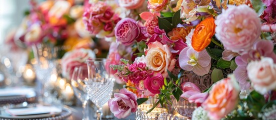 Obraz na płótnie Canvas Wedding table decorations and floral arrangements up close