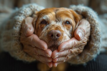 A heartwarming image capturing a serene puppy gently cradled in human hands, wrapped in a soft blanket for comfort