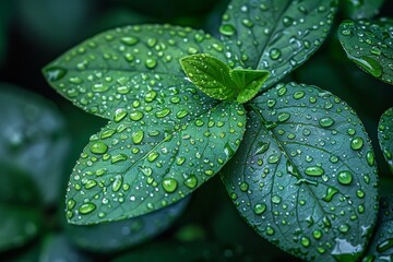 Macro shot of vivid green mint leaves adorned with crystal clear water droplets after rain