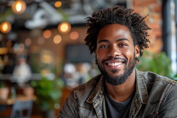 Cheerful young man with a beard and bright smile sitting in a bright cafe setting