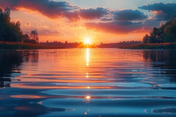 Breathtaking scenery of a sunset over a calm body of water reflecting vibrant colors and silhouetted trees - Powered by Adobe