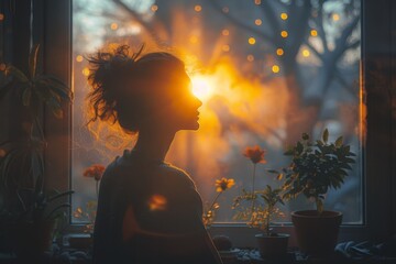 The backlit figure of a woman stands contemplatively by a window, with warm sunset light casting an ambient glow