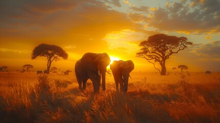 Elephants graze on grass in a field under the sunset sky