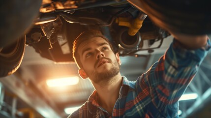 Skilled Mechanic,Car Mechanic Performing Repairs and Maintenance Underneath a Vehicle 