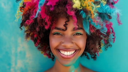 Vibrant Beauty, Portrait of a Stunning Black Woman with an Exuberant Hairstyle, Radiating Joy in a Colorful Fantasy Setting