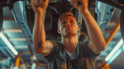Skilled Mechanic,Car Mechanic Performing Repairs and Maintenance Underneath a Vehicle 
