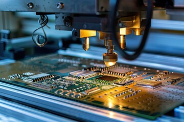 machine quickly installs Components on Generic Circuit Board. Electronics and Circuit board Manufacturing Factor - obrazy, fototapety, plakaty