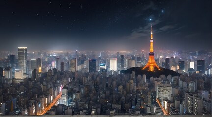 A panoramic view of a Tokyo city skyline illuminated by the glow of city lights against a starry night sky, capturing the juxtaposition of urban hustle and natural beauty from Generative AI